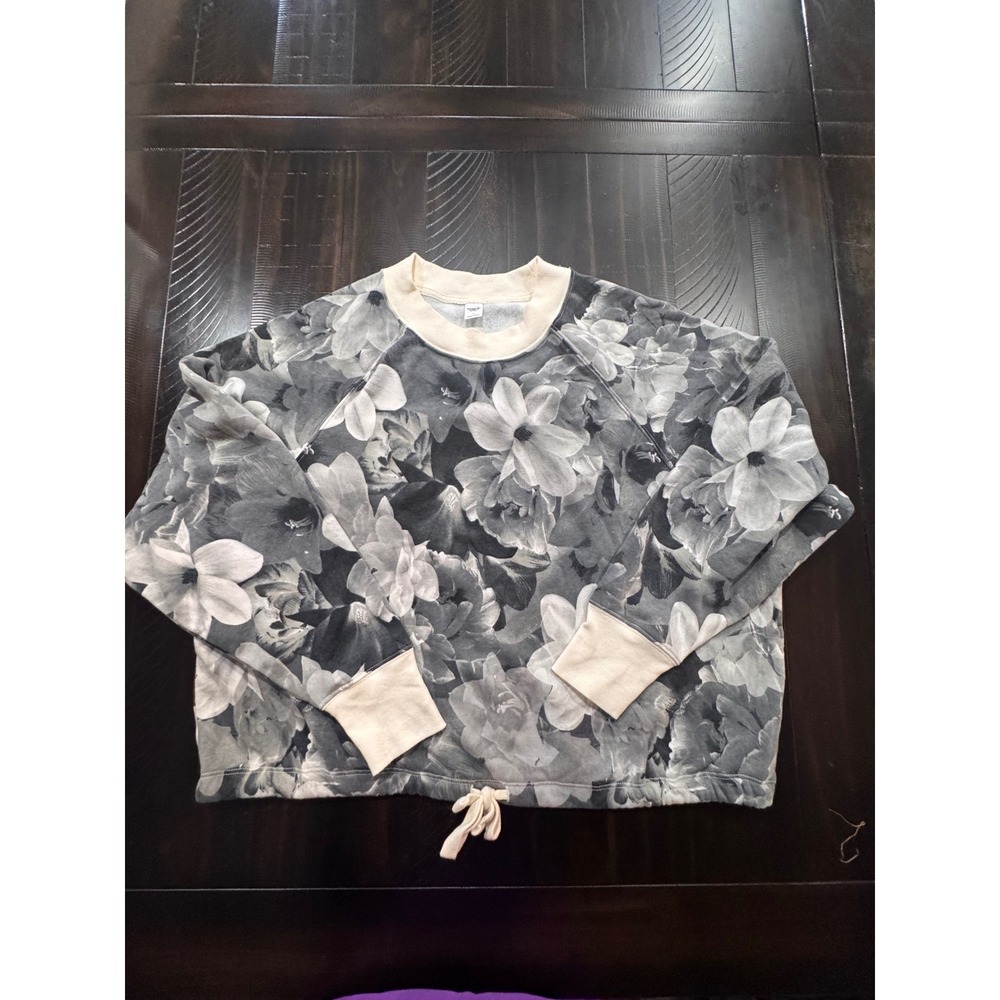Old Navy Womens Floral Sweatshirt Black White Raglan Sleeve Drawstring Hem Large
